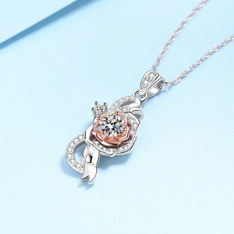 Quality Platinum PT950 girls rose flower necklace with 0.5ct Moissanite Pendant for Women D Color Sparkling Diamond fine Jewelry