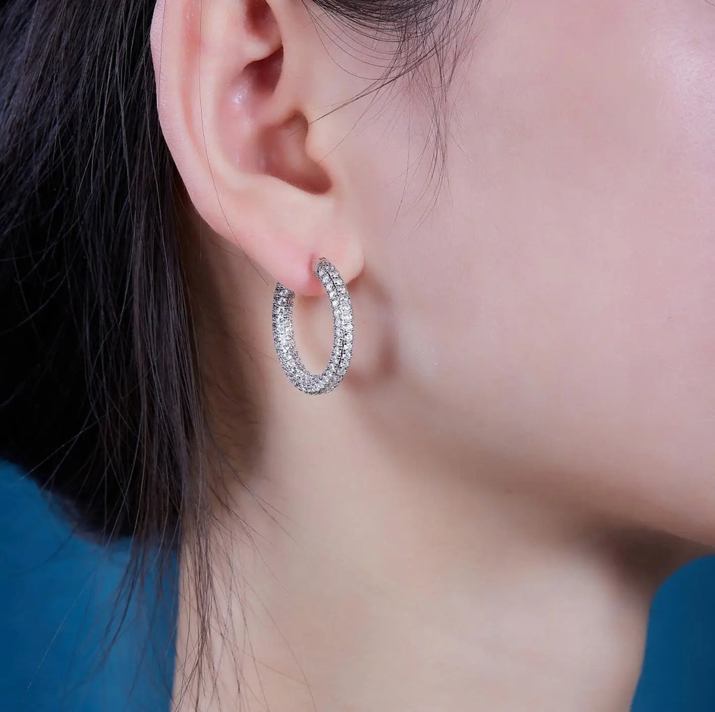 Moissanite Sparkle Hoop Earrings for Women Solid 925 Sterling Silver 1.5mm Hypoallergenic Earrings with 18K White Gold Plated