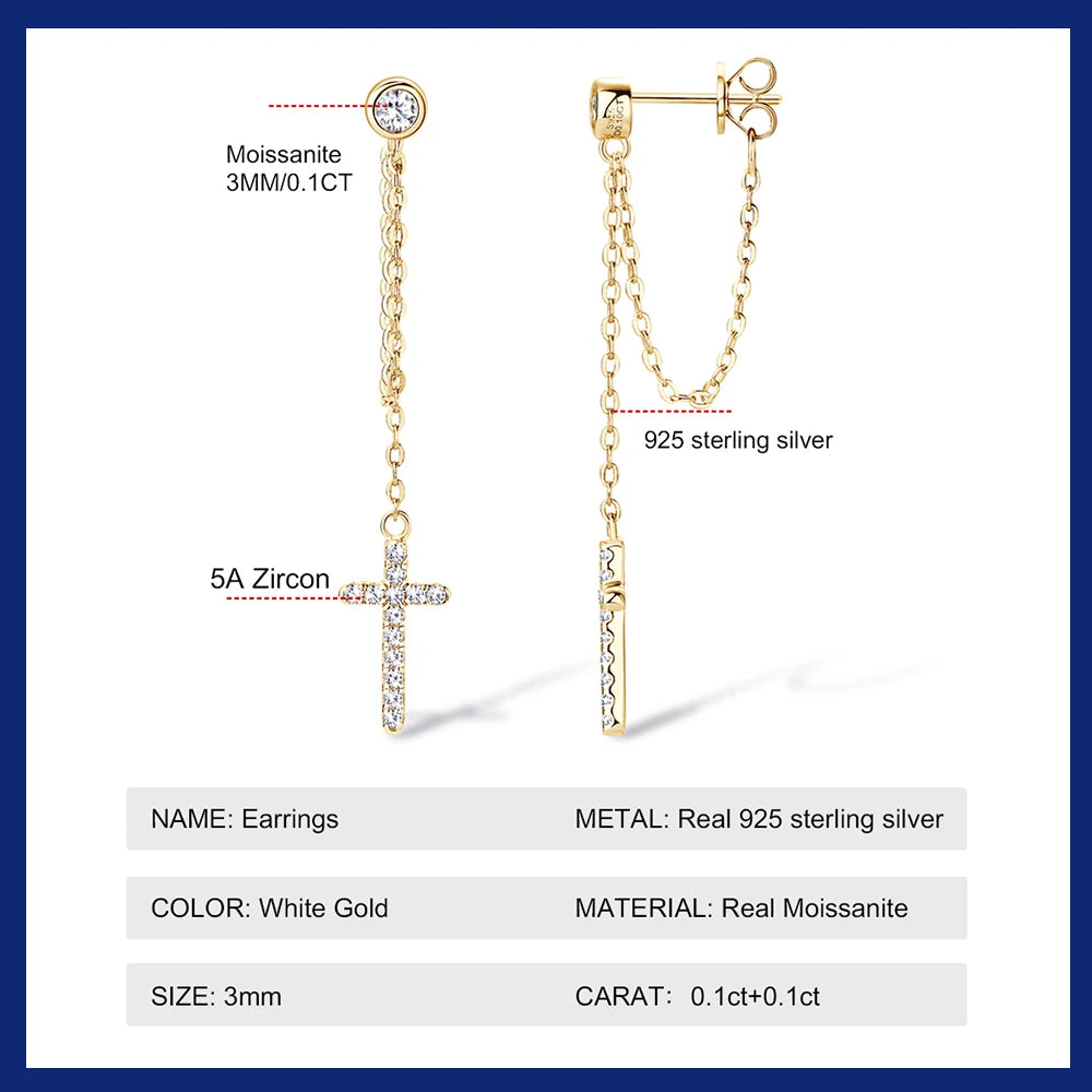Long Tassel Cross Earrings 3mm Moissanite Diamond Stud Earring For Women 100% S925 Silver Plated 18K Gold Jewelry Gift