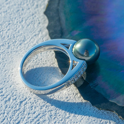 9-10mm Natural Tahitian Black Pearl Engagement Ring