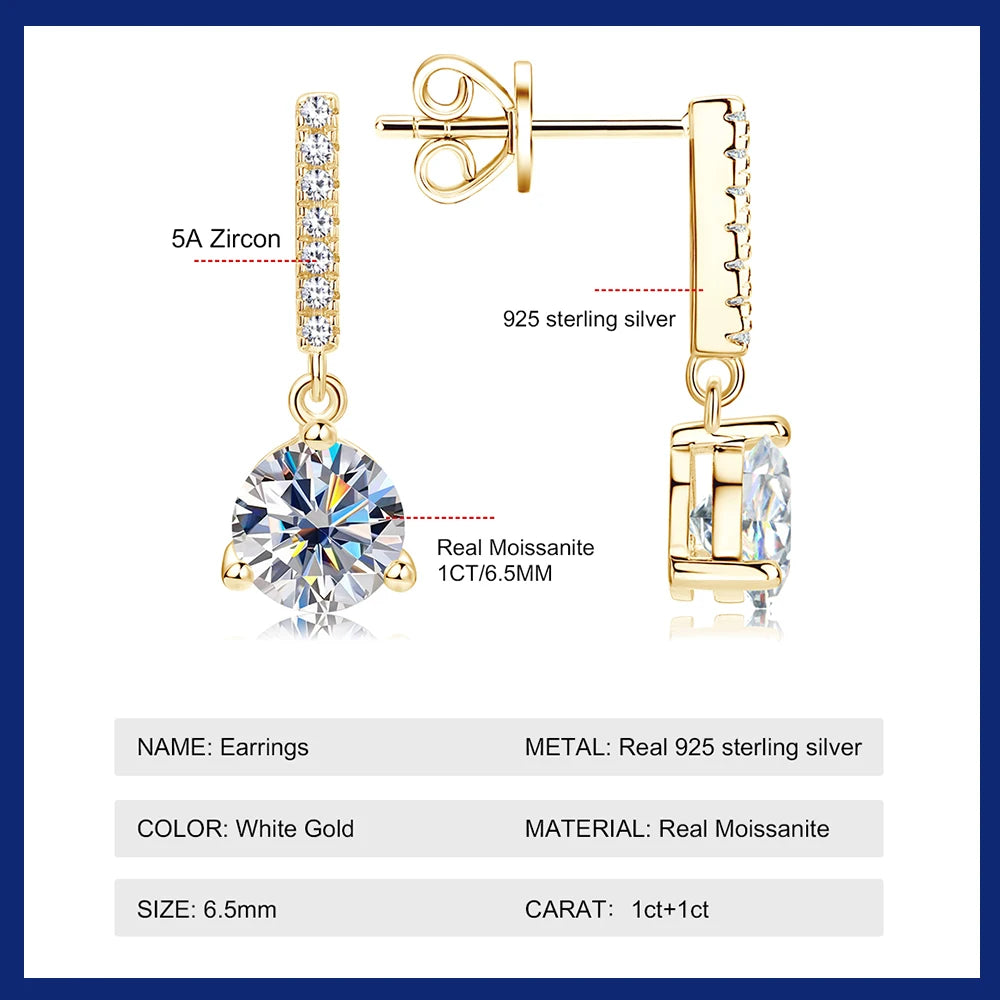 1CT Certified Moissanite Drop Earrings for Women Platinum Plating 925 Sterling Silver 3- Claw Diamond Ear Stud Wedding Jewelry