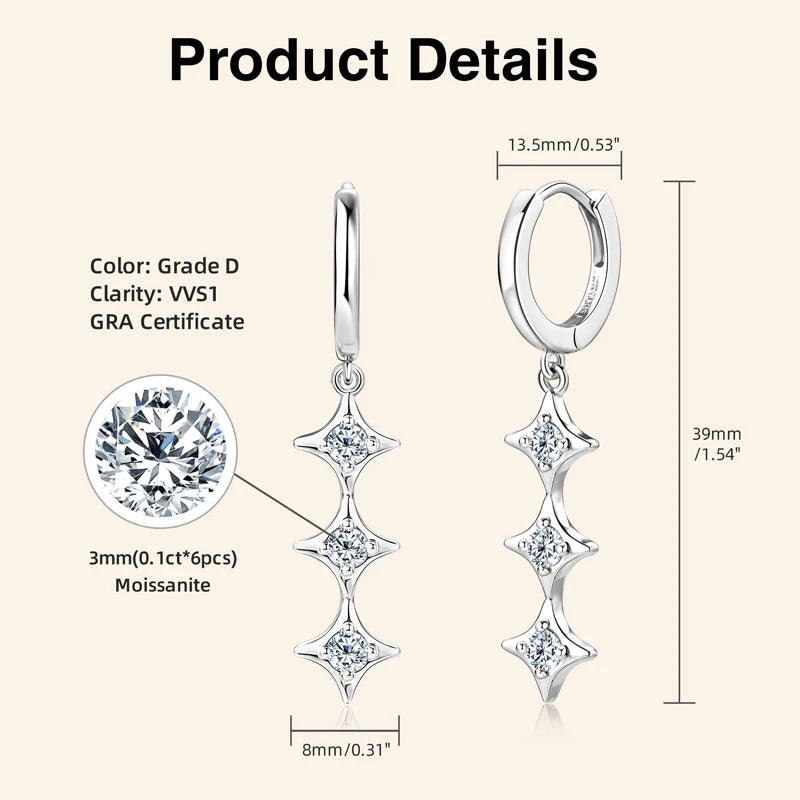 925 Sterling Silver Star Pendant Earring Moissanite Drop Earrings