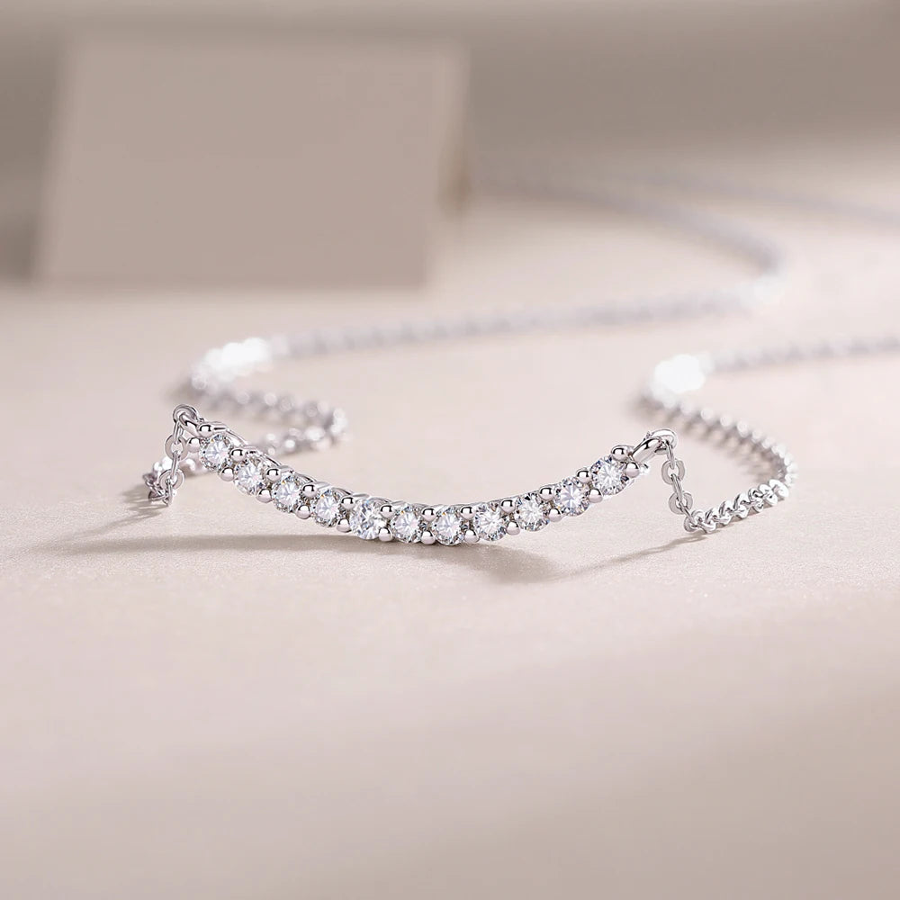 Full Moissanite Necklace S925 Sterling Silver Plated 18k White Gold Smile Necklaces for Women Birthday Gift 2.6mm
