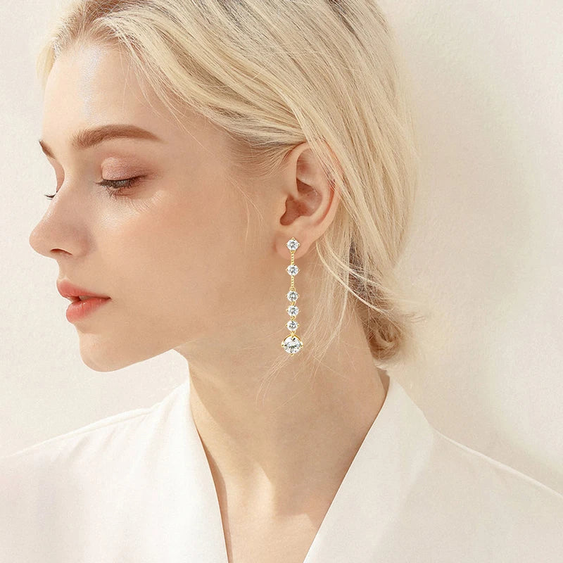925 Sterling Silver Long Tassel Earrings Sparkling Moissanite Drop Earring