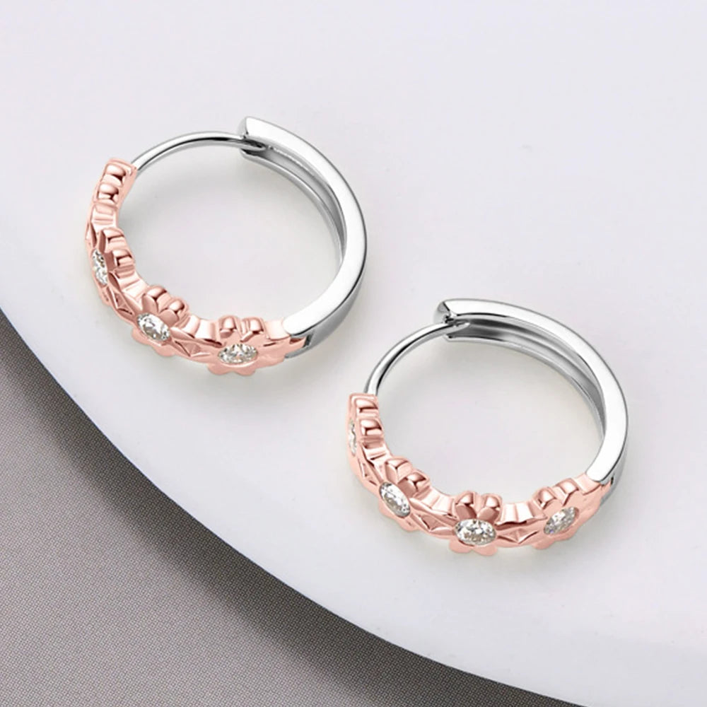 Hoop Earrings 2.2mm Moissanite Earrings for Women 925 Sterling Silver Piercing Earrings 2023 Trendy Jewelry Rose Gold Flower