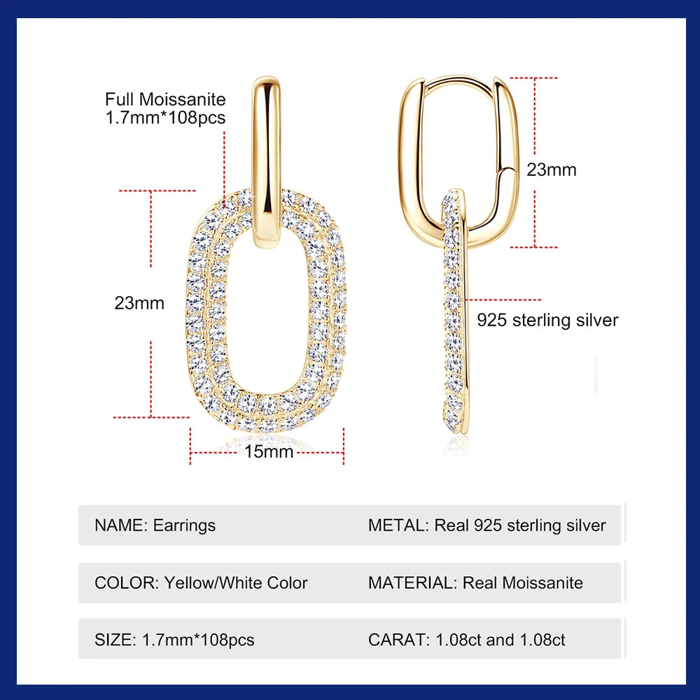 14K Gold Plated Moissanite Drop Earrings 925 Sterling Silver Paperclip Dangle Hoops Earrings for Women Trendy Jewelry