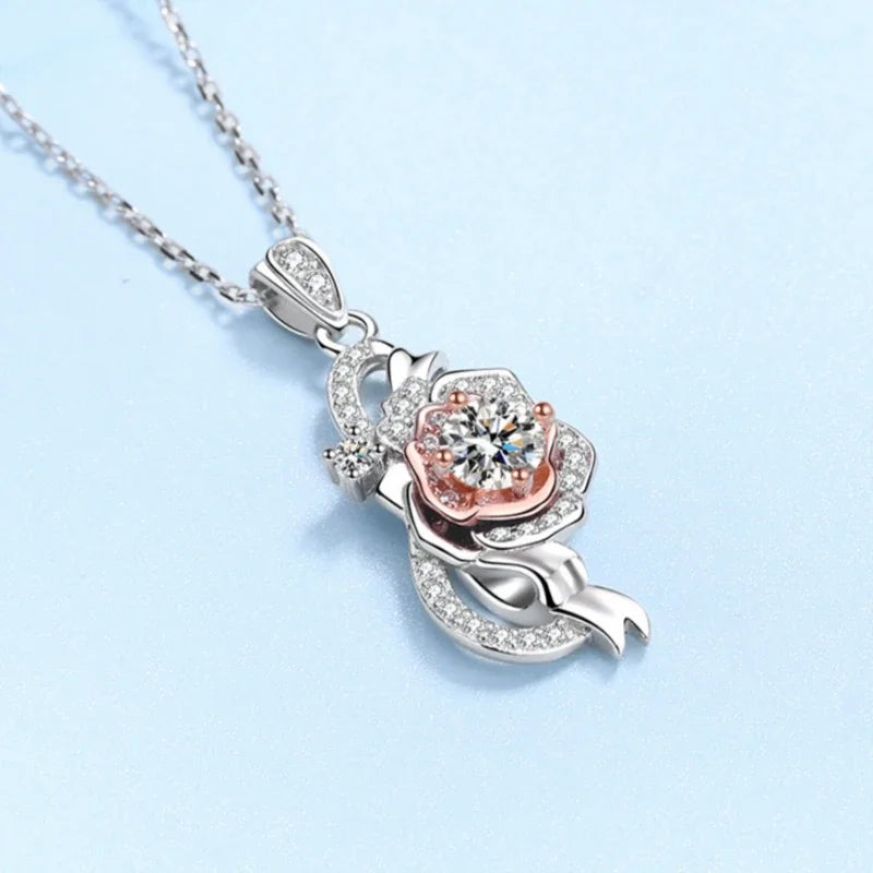 Girl Friend Birthday Gift 18K White Gold Necklaces 0.5CT Moissanite Diamond Rose Pendant PT950 Platinum Women Wedding Jewelry
