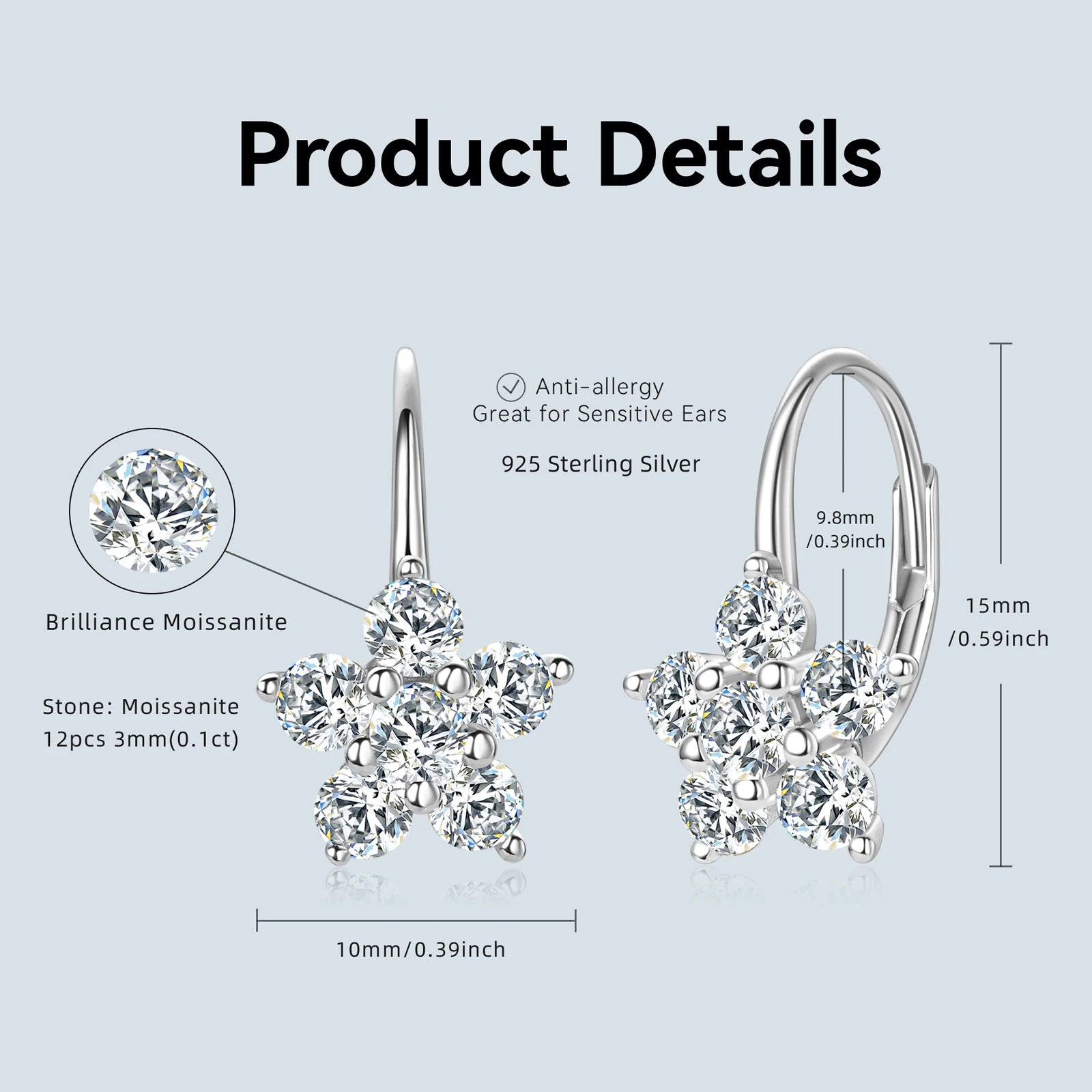 Original 925 Sterling Silver Earrings 3mm Moissanite Hoop Earring