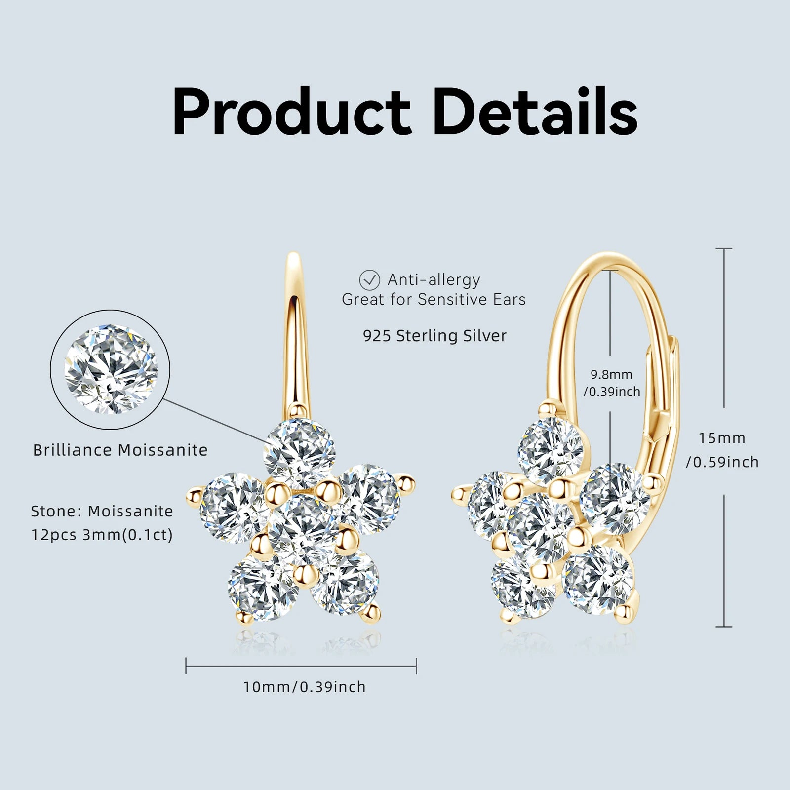 Original 925 Sterling Silver Earrings 3mm Moissanite Hoop Earring