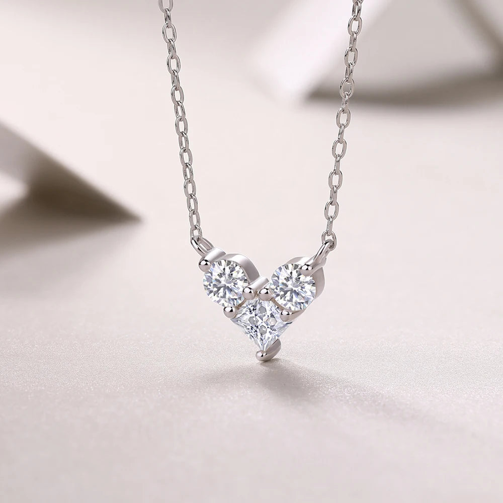 Princess Cut Moissanite Necklace 925 Sterling Sliver Chain Plated 18k White Gold Heart Necklace for Women Jewelry 4mm