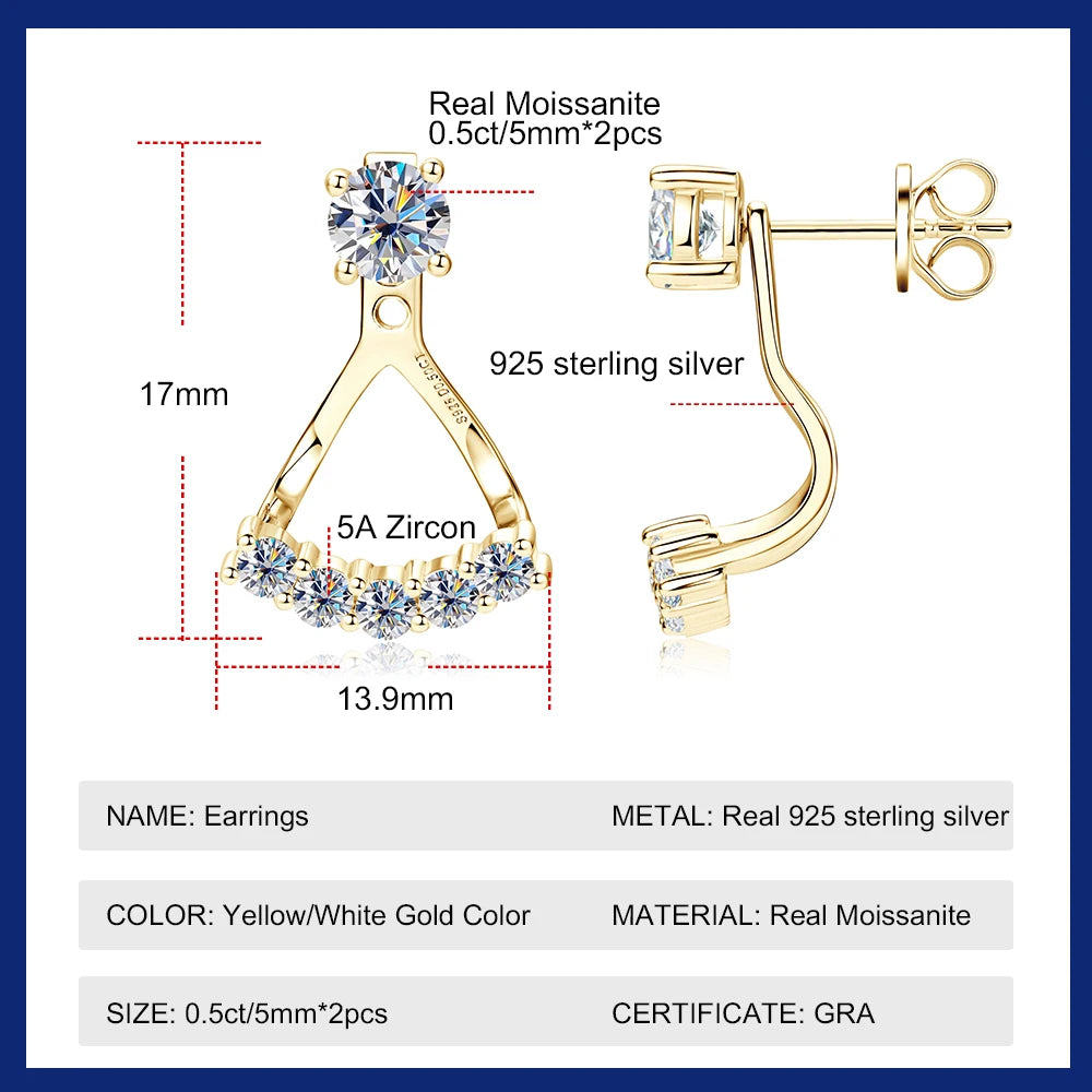 Stud Earrings for Women Sparkling Brilliant Cut Diamond 925 Sterling Silver 0.5CT Moissanite Ear Jewelry GRA Certified