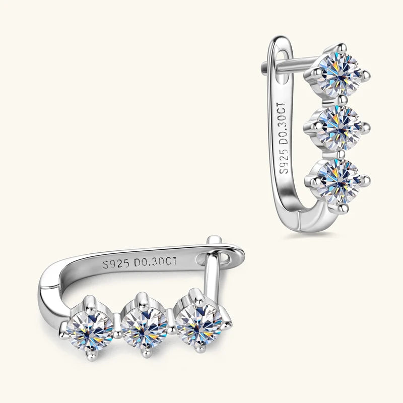 Three Stone Moissanite Earrings 925 Sterling Silver U-Shaped