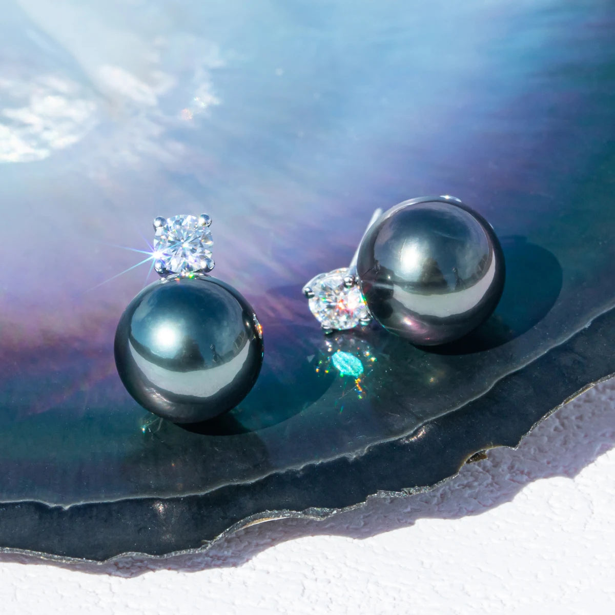 10K White Gold 10-11mm High Luster Natural Tahitian Black Pearl Moissanite Diamond Earrings
