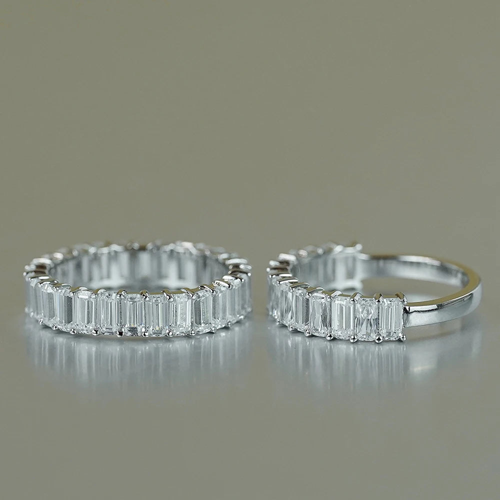 Moissanite Row Rings for Women Gift 100% S925 Sterling Silver 4.3ct tw Emerald Cut D Color