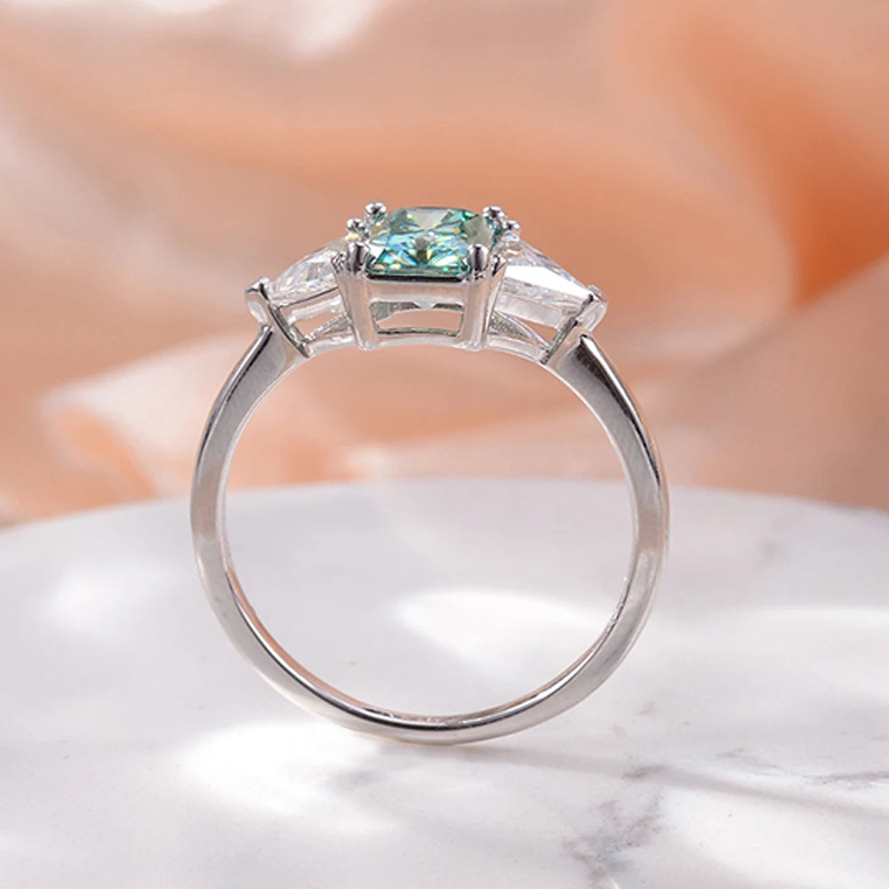 Moissanite Rings For Women 100% S925 Sterling Silver Plated 18K 6*8mm Green Radiant Cut
