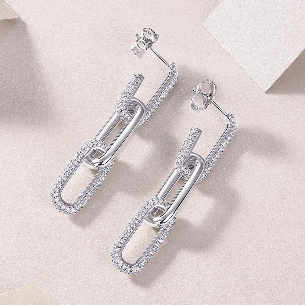 18k Plated All Moissanite Earrings 925 Sterling Silver Paperclip Link Drop Dangle Earrings for Women Trendy Jewelry