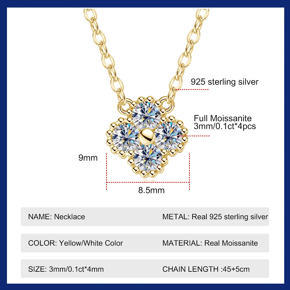 Certified Moissanite Pendant Necklace 3mm for Women Classic Clover Flower Neck Chain 100% Pure 925 Silver Chain Charm