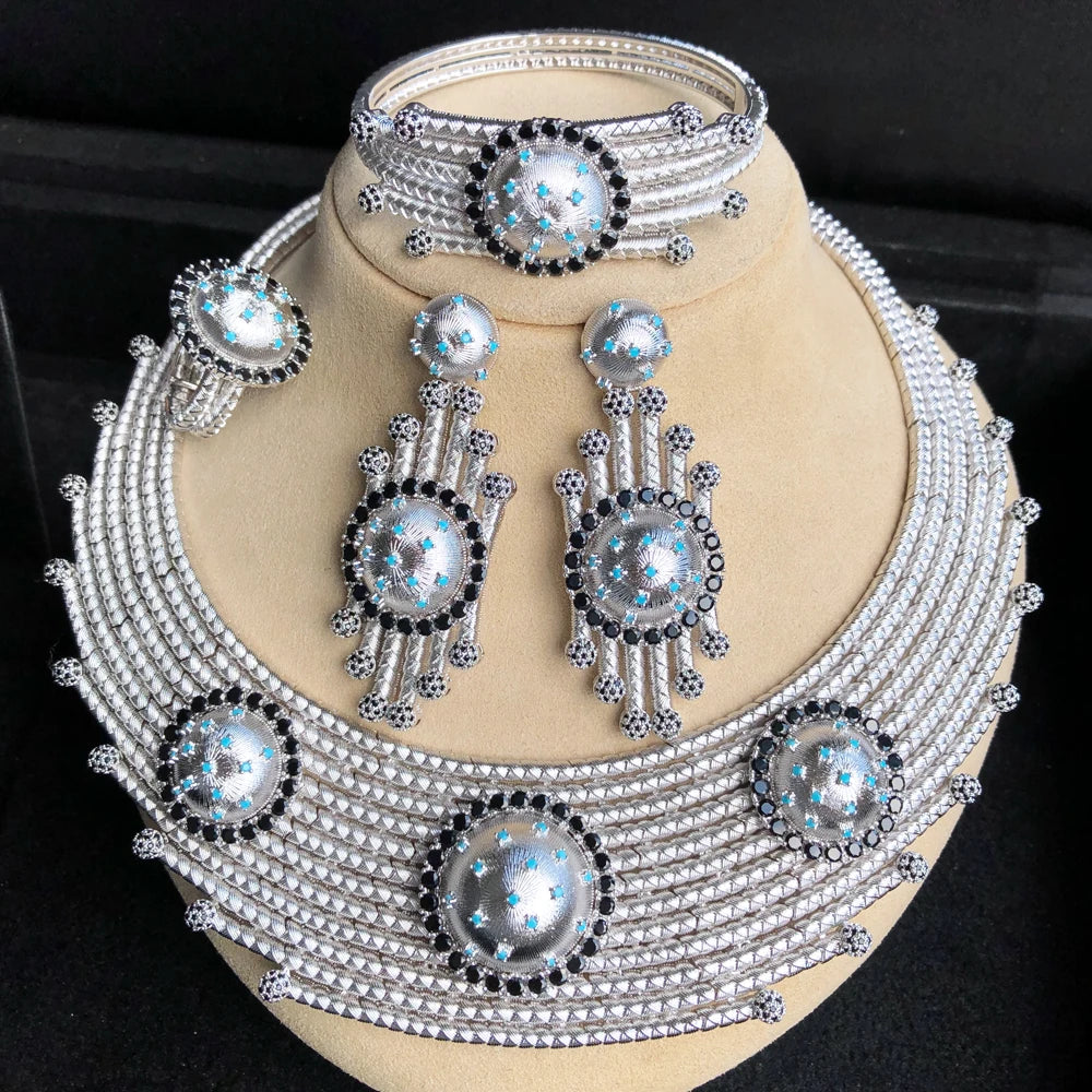 Luxury Princess 4PCS Round African Jewelry Sets For Women Wedding Party Full Cubic Zircon Dubai Bridal jewelry Set Gift