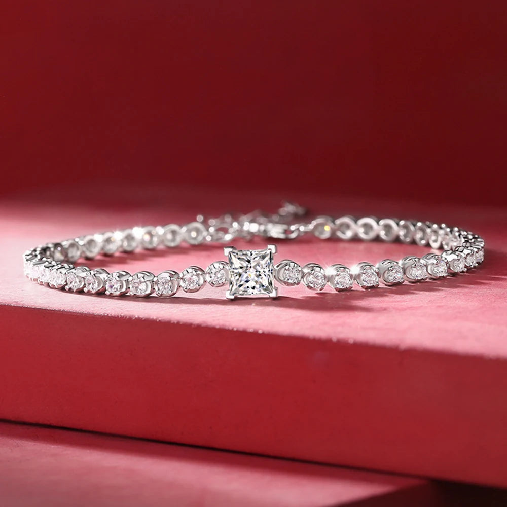 Real Moissanite Tennis Bracelet for Women 925 Sterling Silver Princess Cut Diamond Bracelets Wedding Fine Jewelry GRA