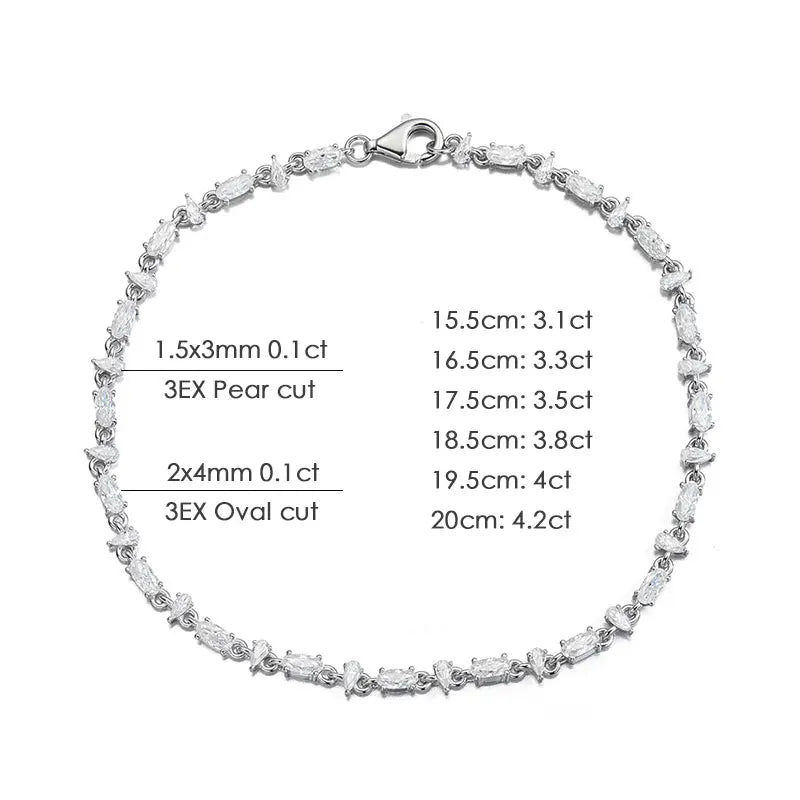 Oval Pear Cut Moissanite Tennis Bracelet s925 Silver Plated 18k White Gold GRA Certified Thin Bracelets for Women Man