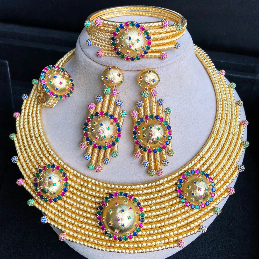 Luxury Princess 4PCS Round African Jewelry Sets For Women Wedding Party Full Cubic Zircon Dubai Bridal jewelry Set Gift
