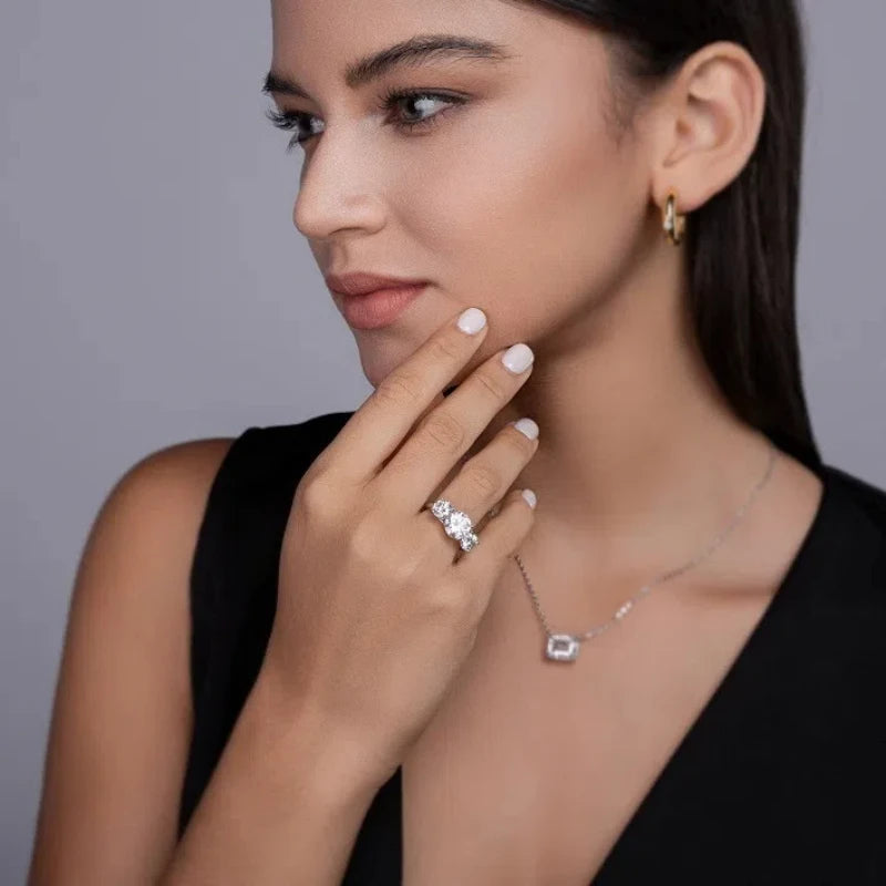 Three Stone S925 Sterling Silver 3ct Full Moissanite Ring for Women Engagement Jewelry