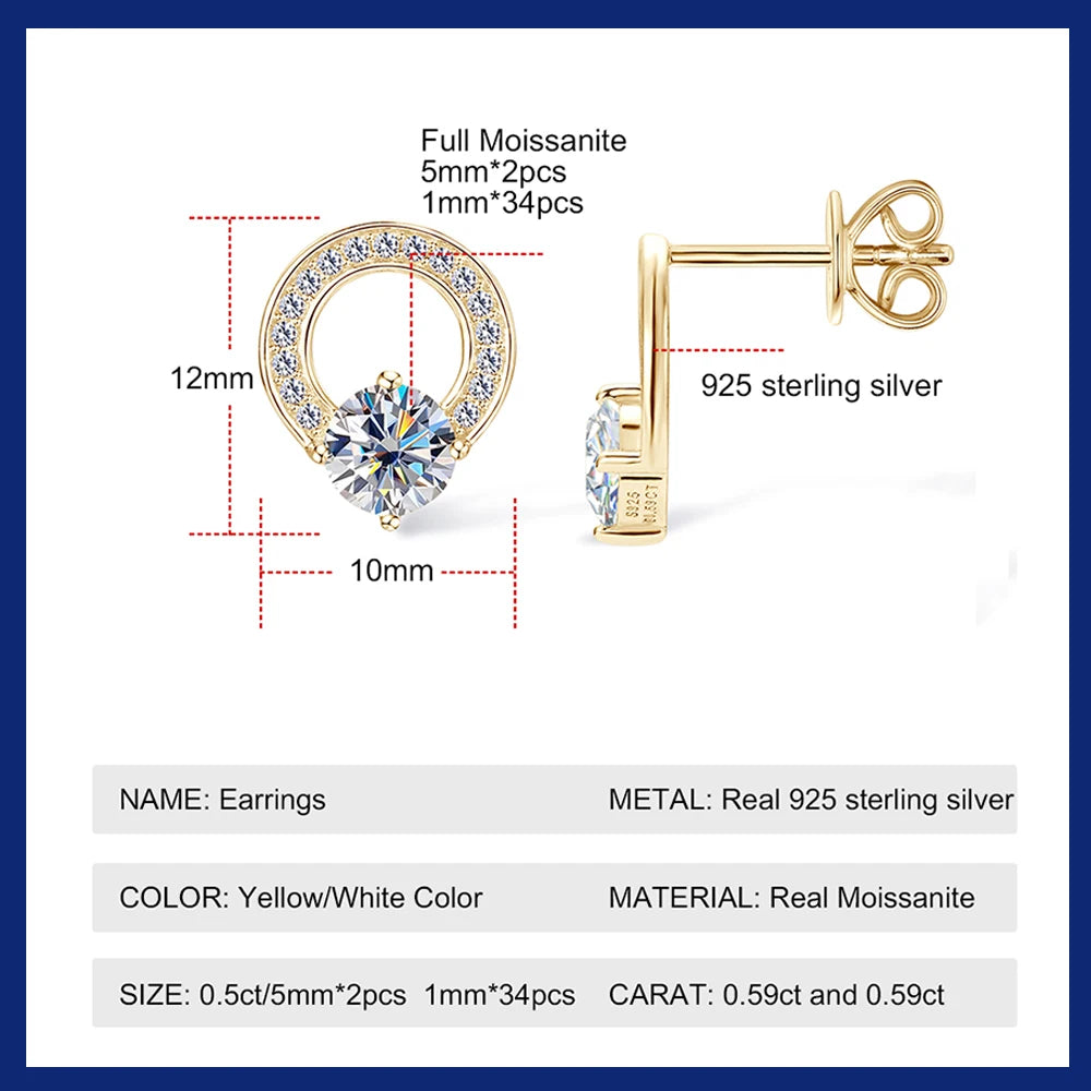 0.5ct 5mm Moissanite Earrings 925 Sterling Silver 14K Gold Plated Cartilage Piercing Ear Studs for Women Jewelry Gift