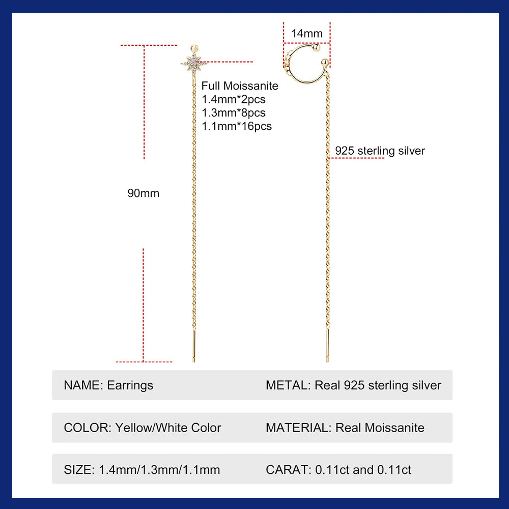 925 Sterling Silver Ear Cuff Earrings Chain for Women Full Moissanite Drop Dangle Ear Stud Star Crawler Wrap Earrings Jewelry