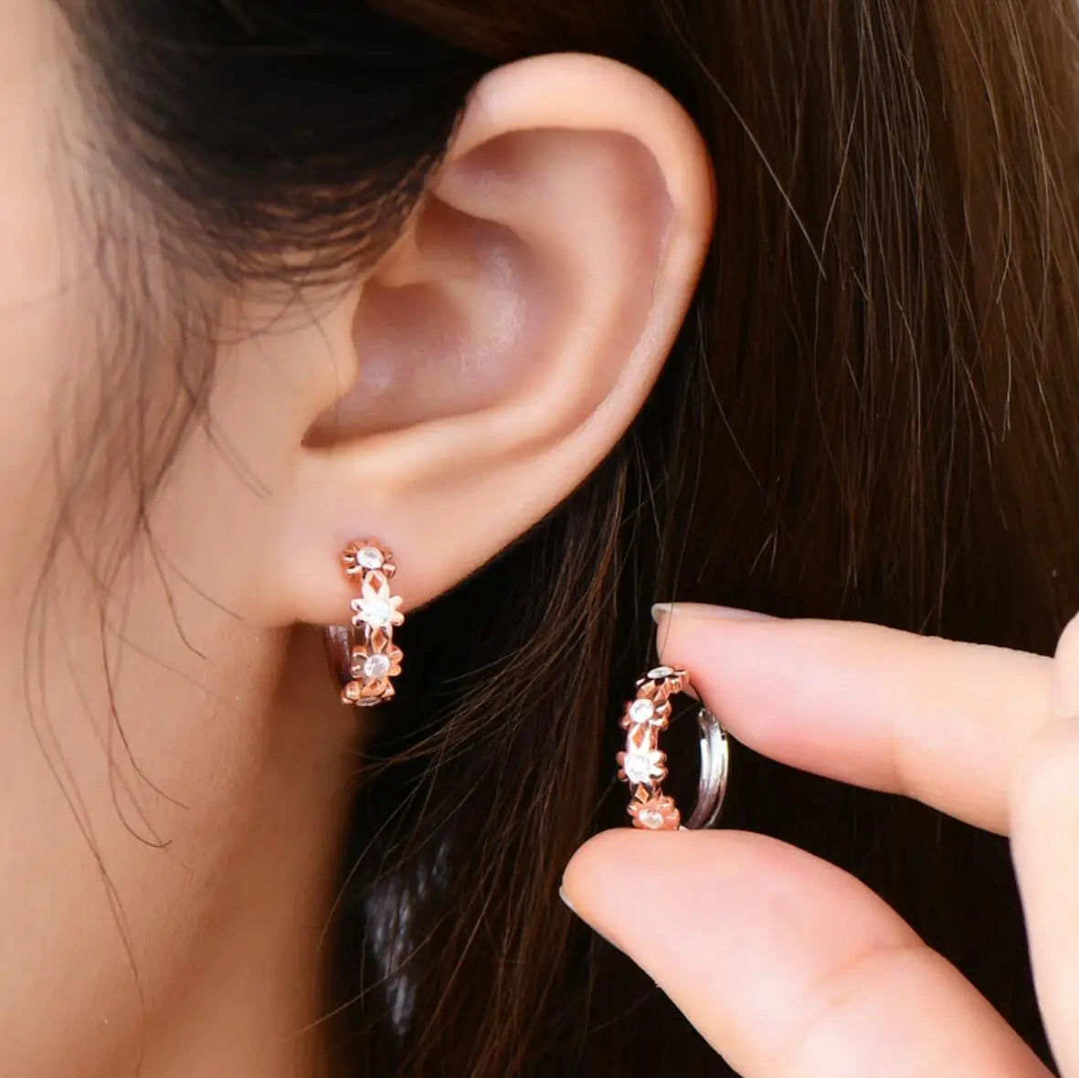 Hoop Earrings 2.2mm Moissanite Earrings for Women 925 Sterling Silver Piercing Earrings 2023 Trendy Jewelry Rose Gold Flower