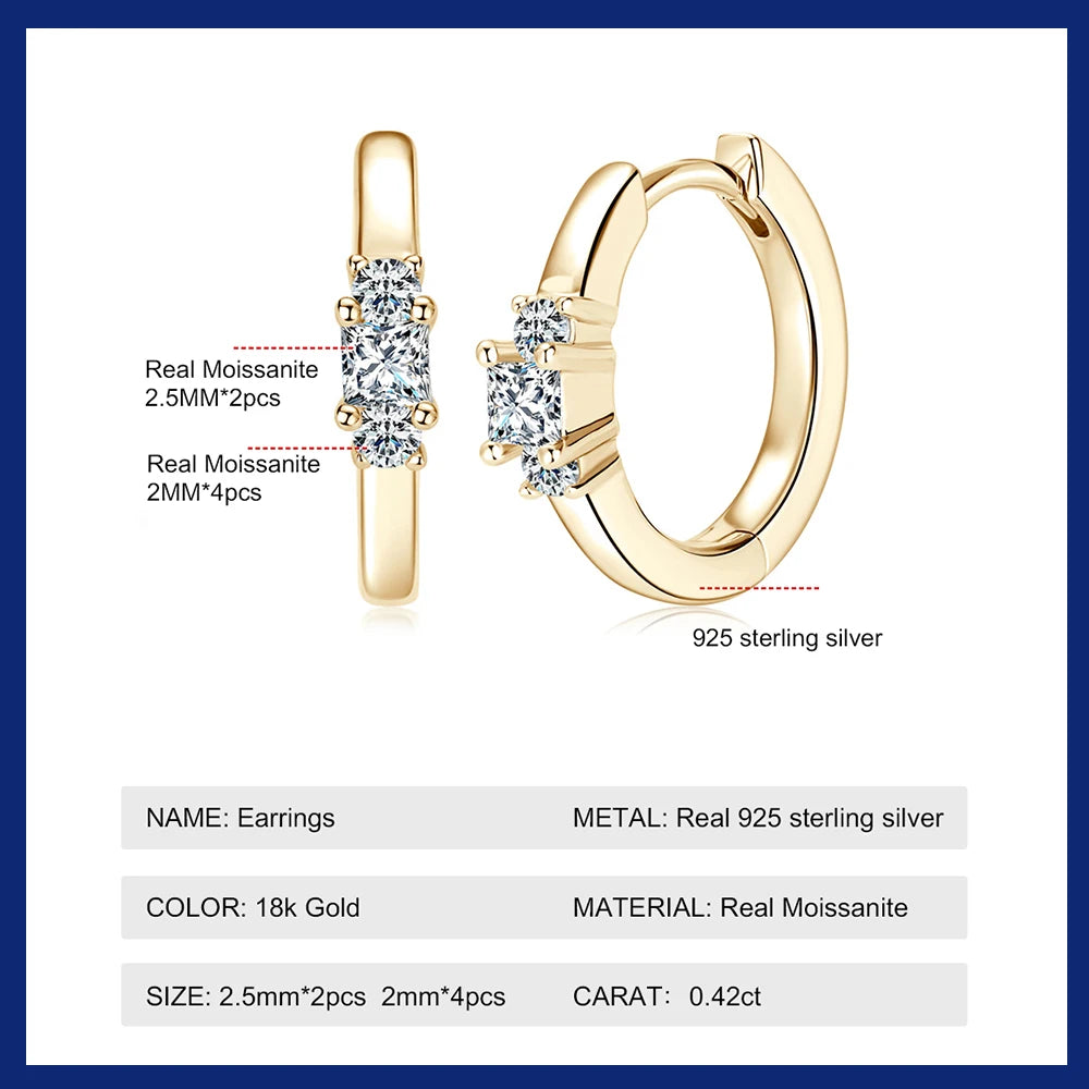 Earrings for Women Original Certified 925 Sterling Silver Plated Gold Hoop Earring 2.5mm Moissanite Fine Jewelry Gift