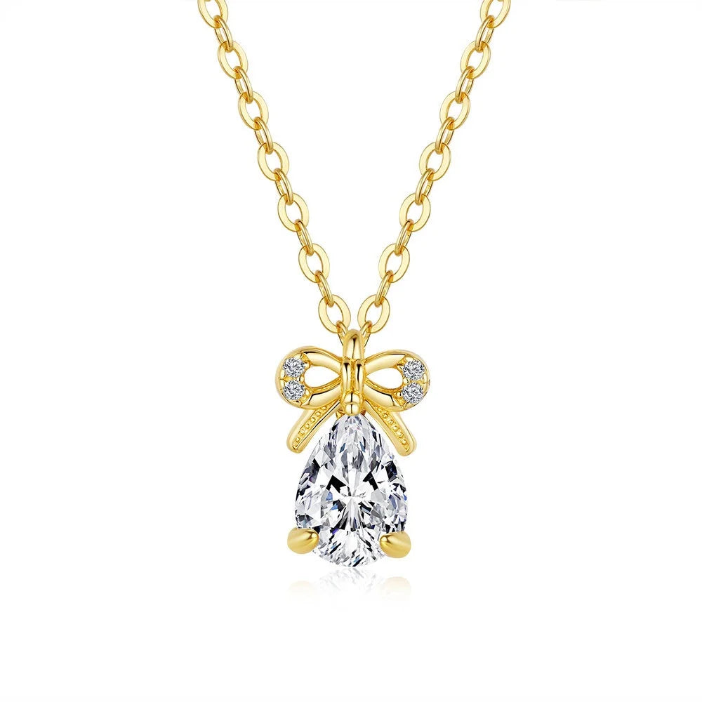 Luxury Bow Drop Pendant for Women 14K Gold Full of 0.8ct Diamond Moissanite Necklace Wedding Fine Jewelry