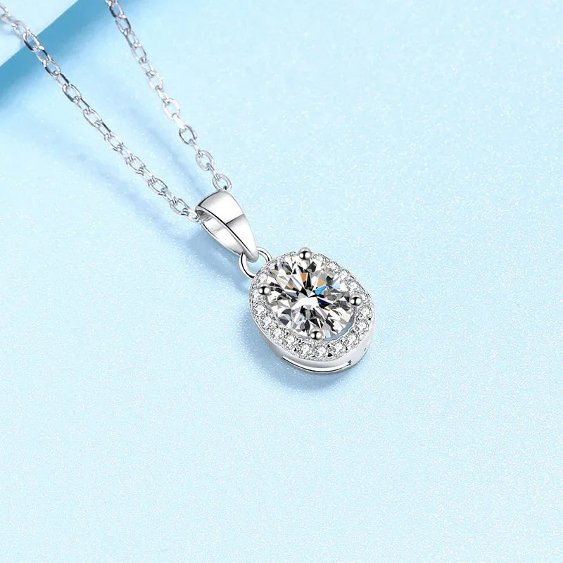Fine Jewelry 18K White Gold Necklaces Women Wedding 1CT Moissanite Diamond Oval Pendant Birthday Gift Girlfriend Valentine's Day