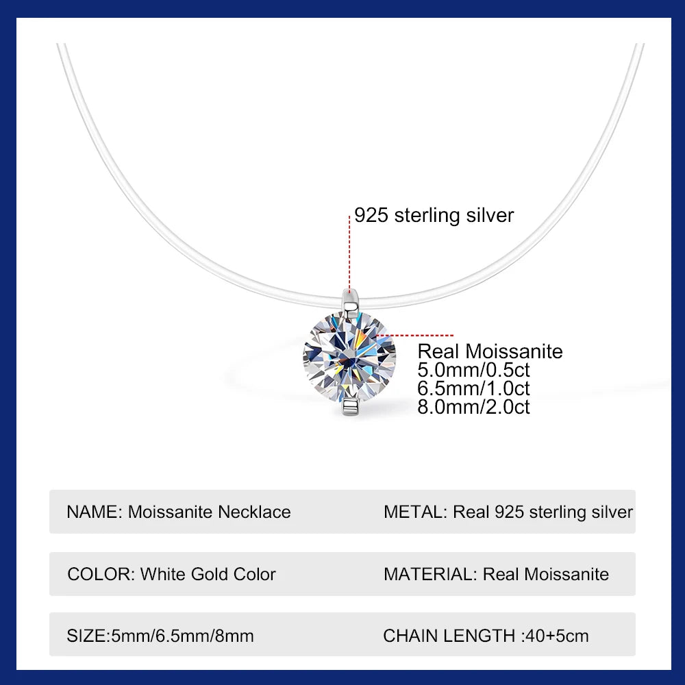 Moissanite Necklace for Women Sparkling Lab Diamond 0.5CT 1CT 2CT Solitaire Pendant 925 Silver Transparent Chain Necklaces