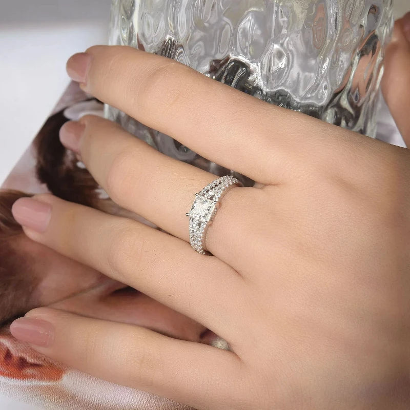 1 Ct Princess Cut All Moissanite Engagement Ring Set For Women 925 Sterling Silver Pave Wedding Bands
