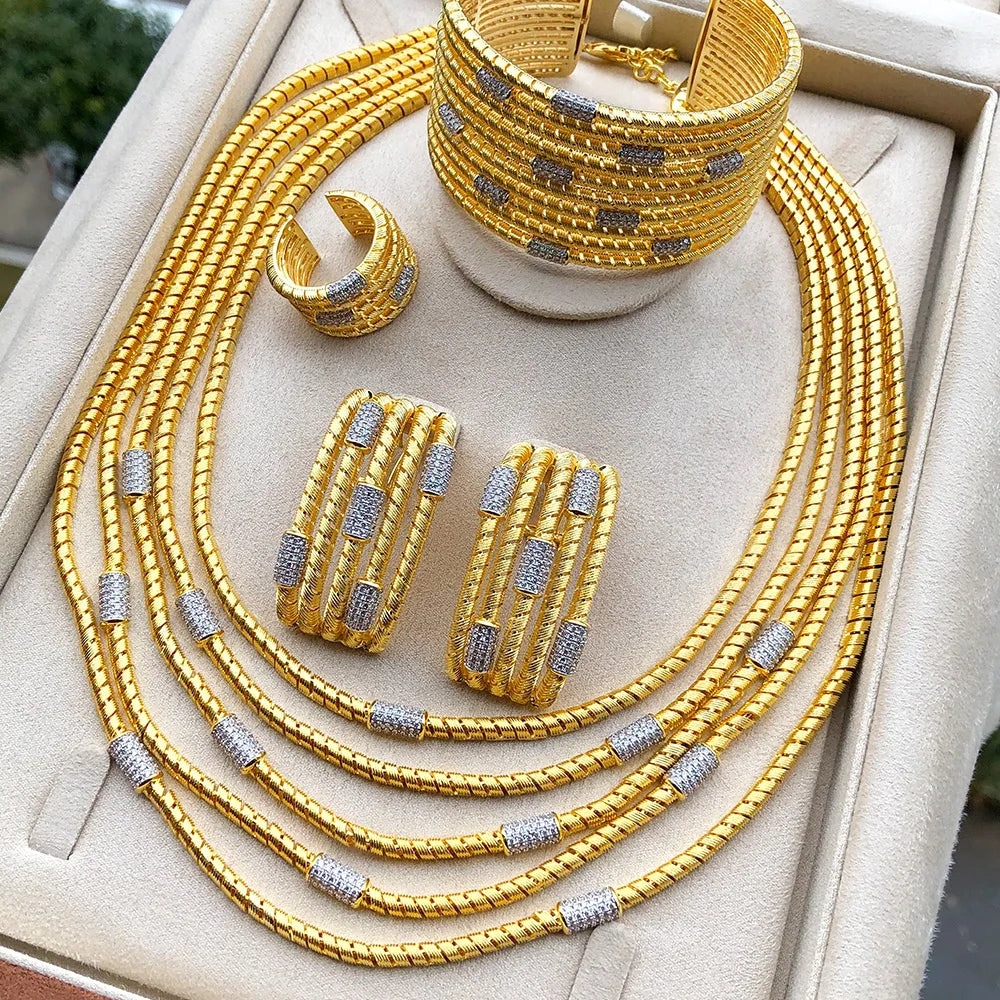 Luxury 4pcs Multi Layers African Jewelry Sets For Women Wedding Necklace Earring Bangle Ring Jewelry Trendy HOT New