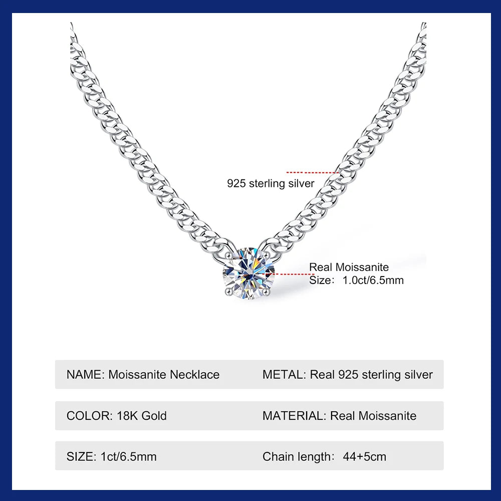 100% 925 Silver Cuban Chain Necklace 1 Carat Moissanite Pendant Necklaces for Women Men Plated 18k Gold Jewelry with Certificate