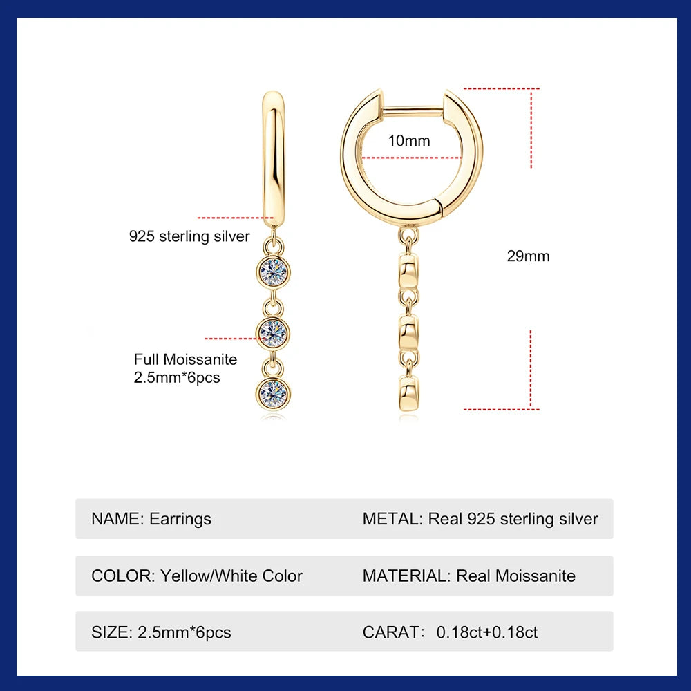 Long Tassel Drop Earrings Original 925 Sterling Silver 18K Yellow Gold Plated 6 Stone Moissanite Earring for Women Fine Jewelry