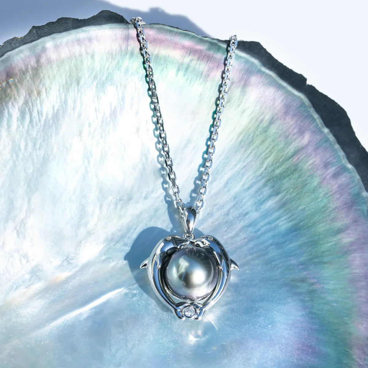 10-11mm Tahitian Black Pearl Dolphin Necklace