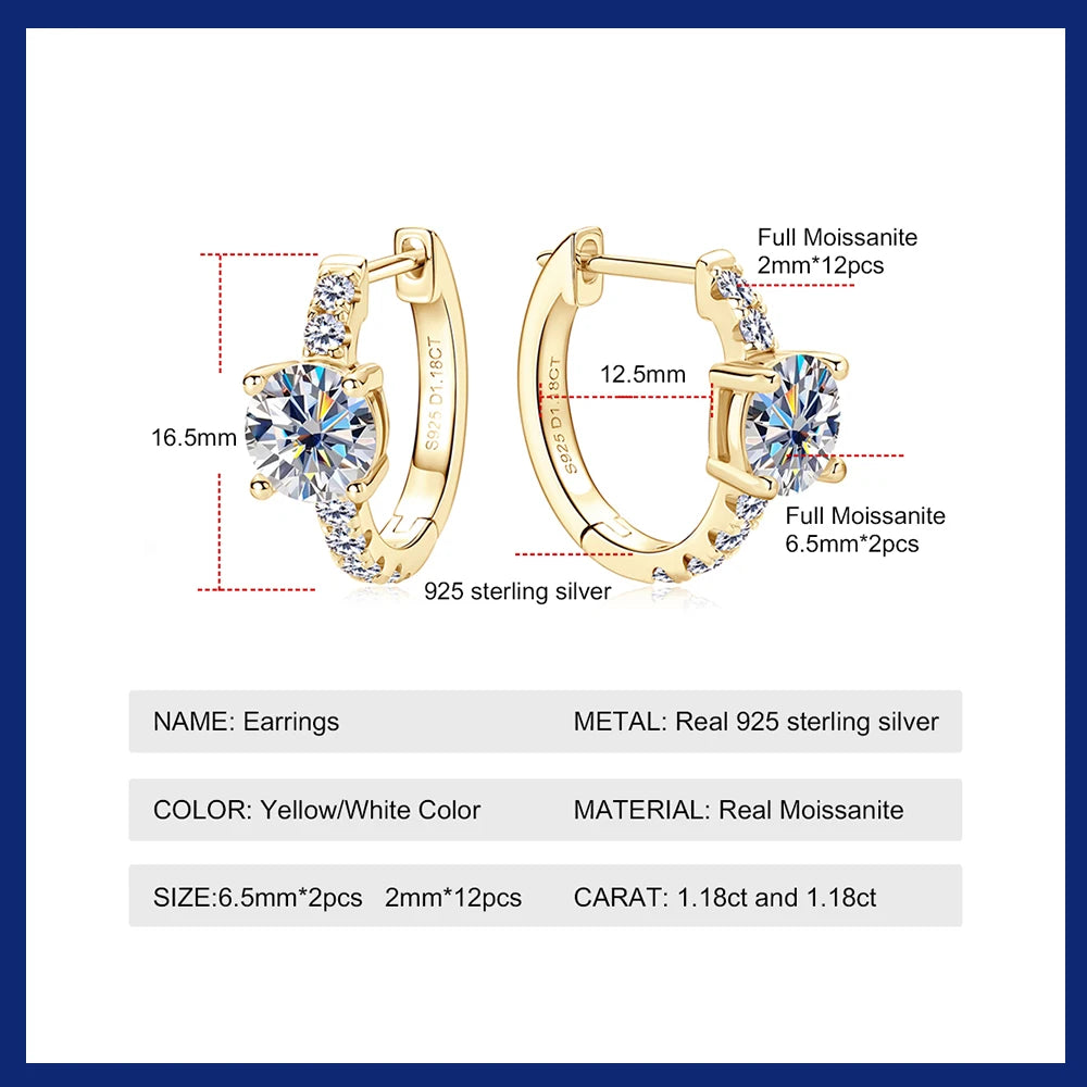 Full Moissanite Hoop Earrings 6.5mm D Color Diamond Earring White Gold Plated 925 Sterling Silver Huggie Earrings for Women Gift