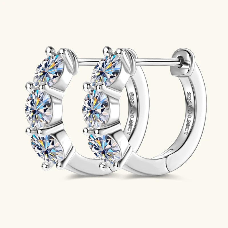 925 Sterling Silver Circle Earring Sparkling Three Stone 4mm Moissanite Hoop Earrings