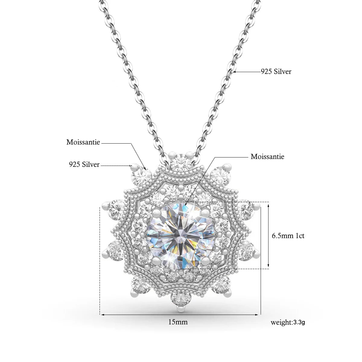Moissanite Necklace Pendant Solid Sterling Silver 925 Jewelry Round 6.5mm 1ct