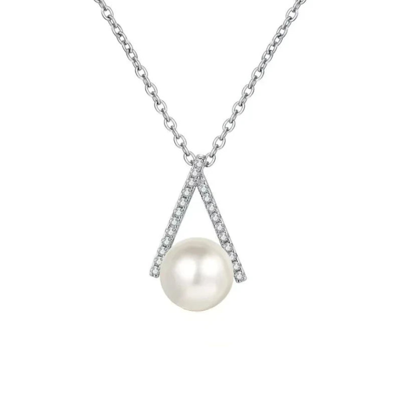 Valentine's Day 18K White Gold Necklaces Women Wedding 0.11CT Moissanite Diamond 8mm Pearl PT950 Platinum Girl Birthday Gift