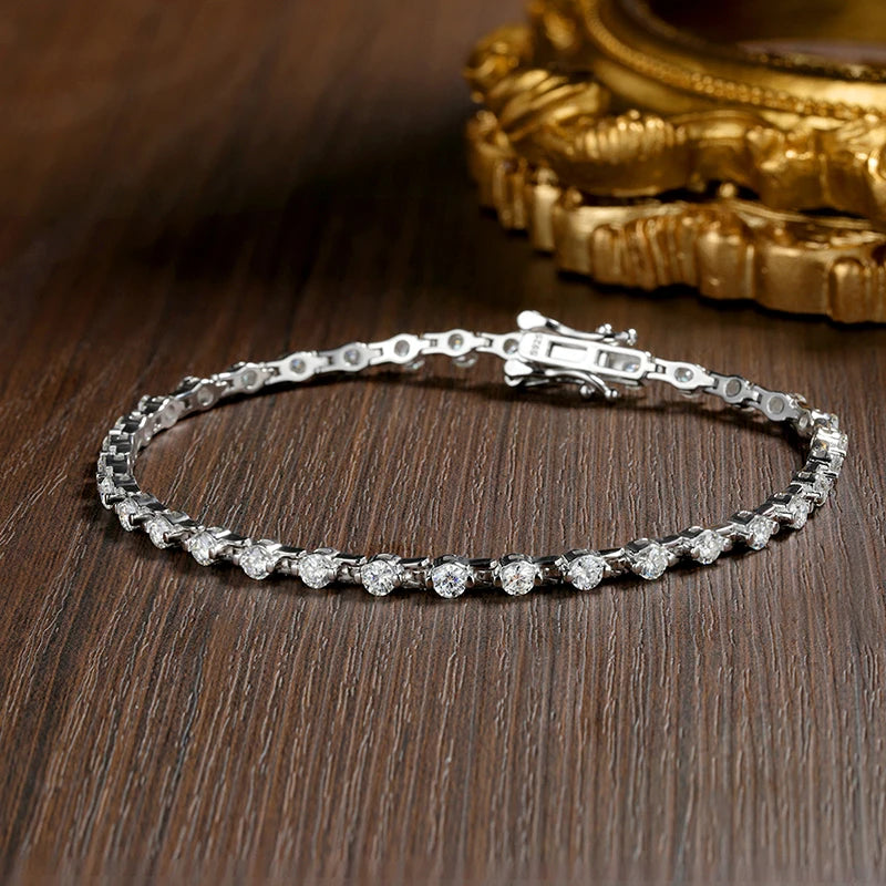 Moissanite Tennis Bracelet Solid s925 Sterling Silver Plated 18k White Gold 3mm D VVS1