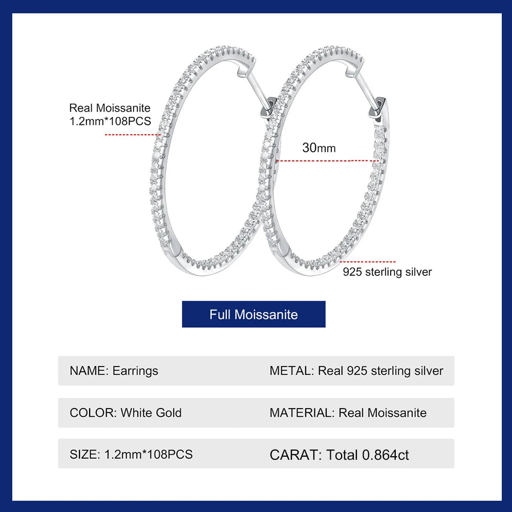 Hoop Earrings for Women Original 925 Sliver VVS1 Diamond Ear Studs Trendy All Moissanite