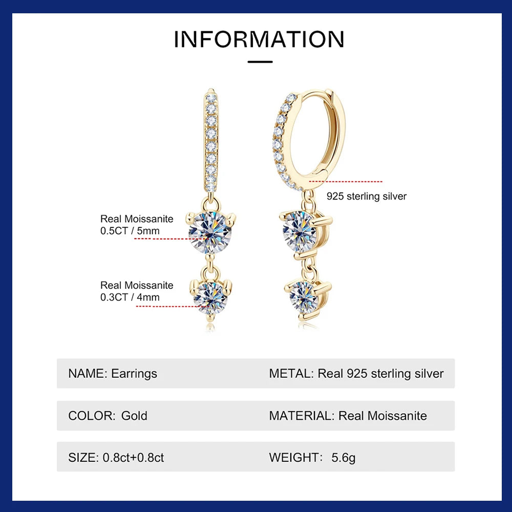 D Color Full Moissanite Drop Earrings For Women S925 Silver 1.6 Carat Diamond Earring Wedding Party Fine Jewelry
