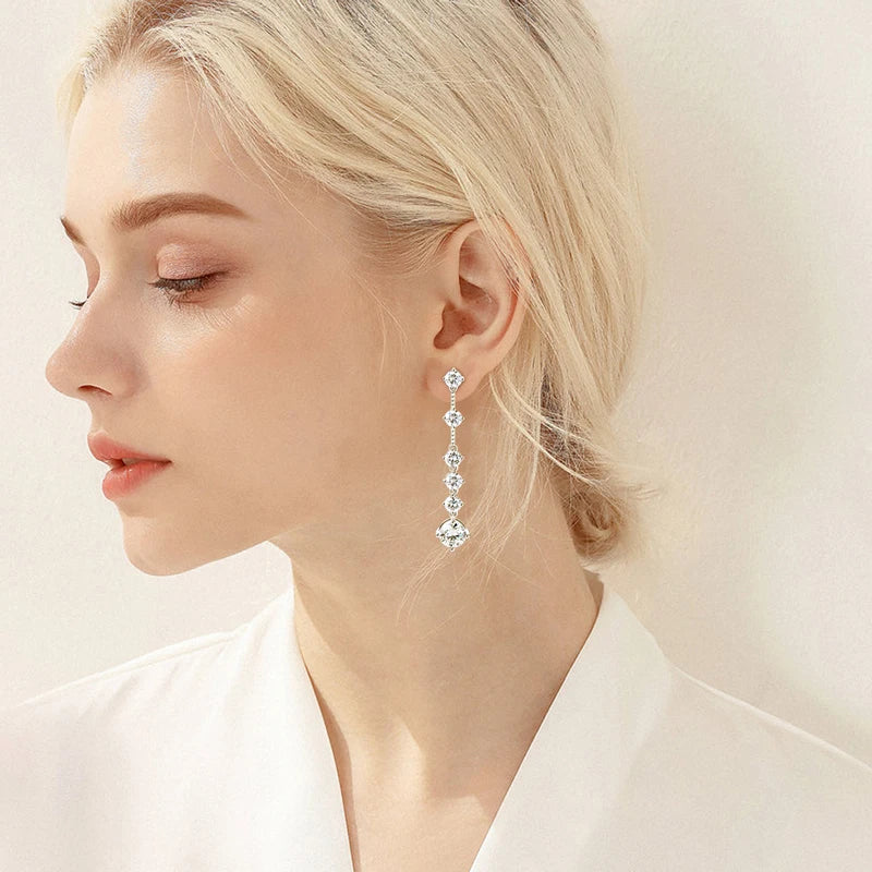 925 Sterling Silver Long Tassel Earrings Sparkling Moissanite Drop Earring