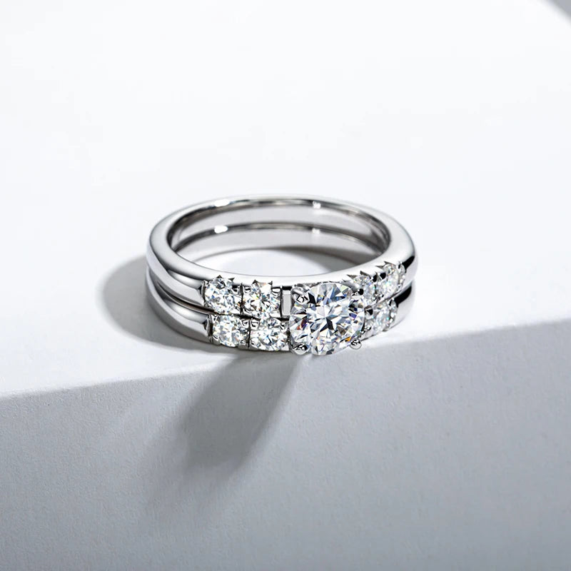 925 Silver Rings Set Round 1 Carat D Color All Moissanite Diamond Wedding Rings for Women