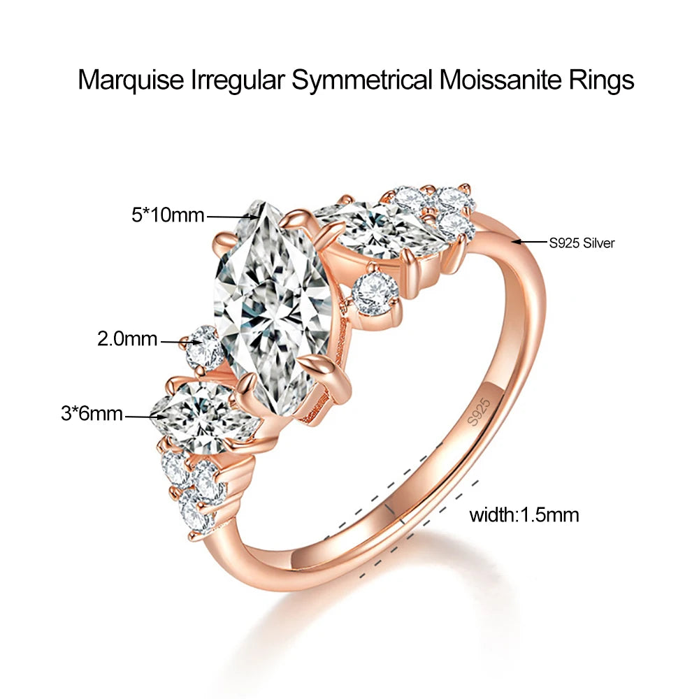 Moissanite Rings for Women Gift 100% S925 Sterling Silver Plated 18K 1.78ct Marquise Cut D Color