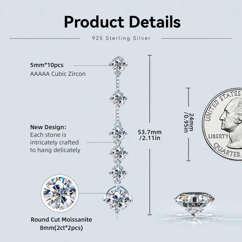 925 Sterling Silver Long Tassel Earrings Sparkling Moissanite Drop Earring