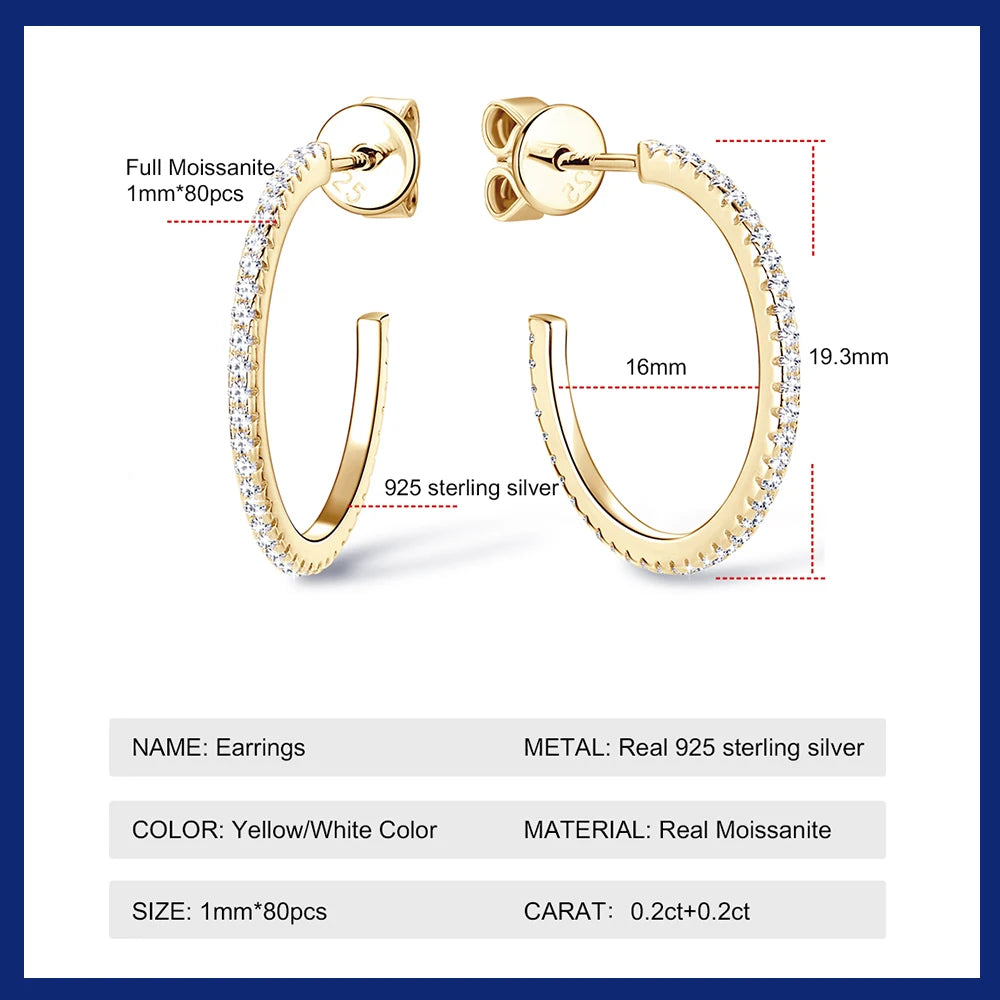 Moissanite Hoop Earrings for Women Classic Sparkly Bridal Jewelry 925 Sliver Plated 18K Gold 1mm GRA Certified